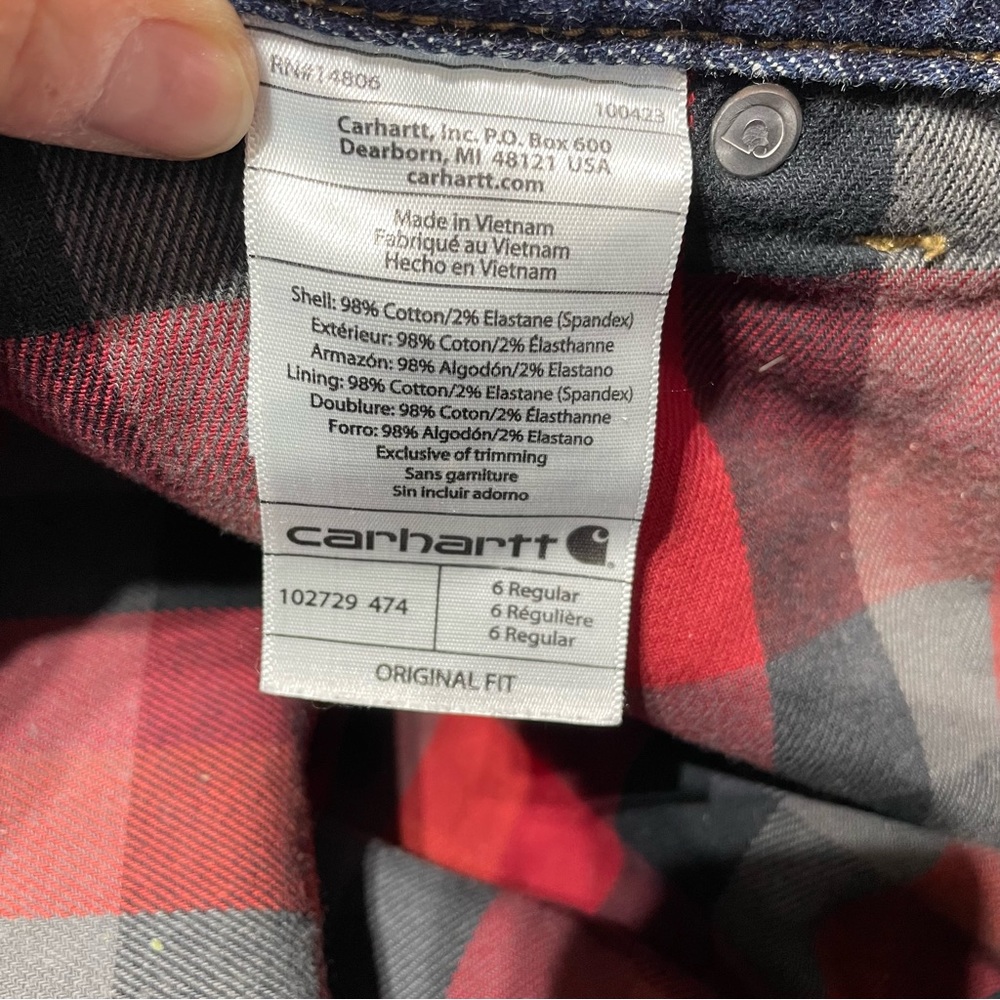 Carhartt Women's Straight Leg Jeans - Dark Blue with Red Plaid Lining - Picture 7 of 8